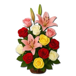 Mixed Roses with Lilies Flower Basket